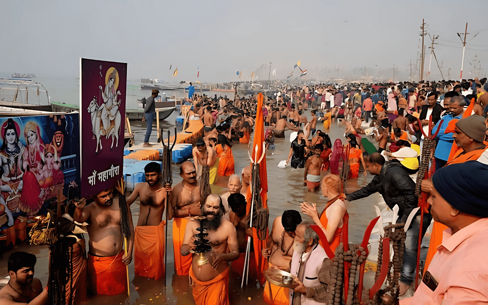 Devotees taking part in Maha Shivratri Bathing 2025 at the Kumbh Mela, seeking blessings from Lord Shiva during the final royal bath.